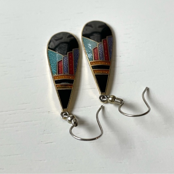 🎰Vintage Pierre Bex-style Art Deco enamel teardrop dangle earrings - Picture 4 of 10